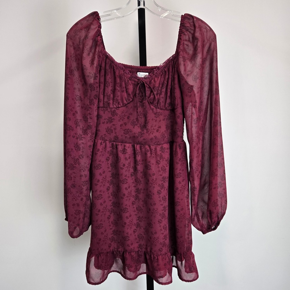 Hollister Floral Long Sleeve Babydoll Mini Dress Smocked Wine Red Whimsigoth Y2K